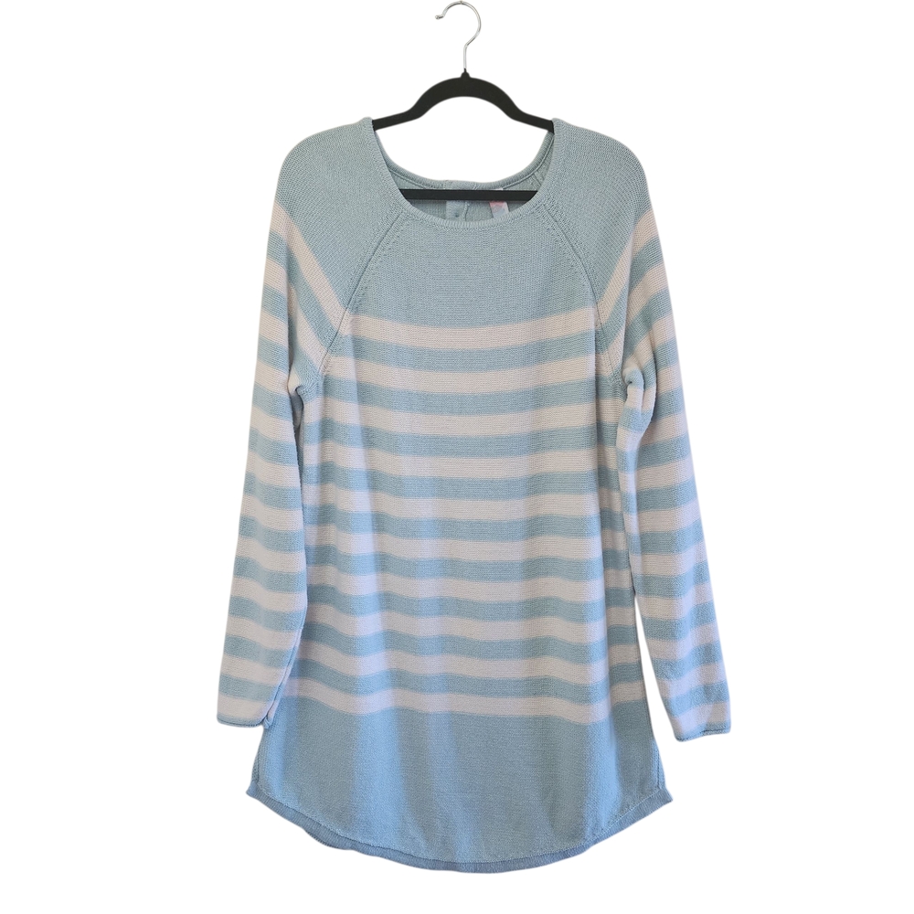 Free People Beach Striped Tunic Sweater Cotton Sz L Blue Cream Lagenlook Coastal